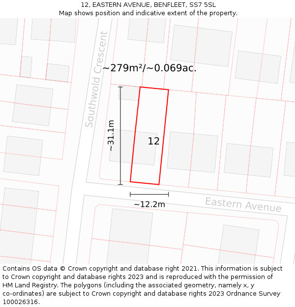 12, EASTERN AVENUE, BENFLEET, SS7 5SL: Plot and title map
