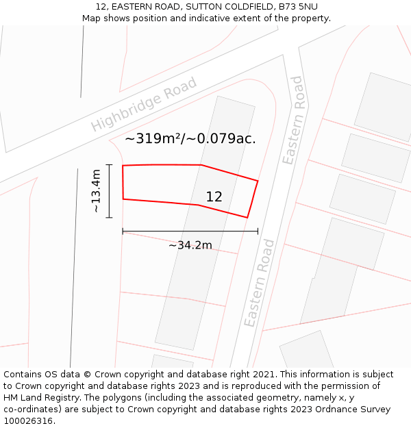 12, EASTERN ROAD, SUTTON COLDFIELD, B73 5NU: Plot and title map