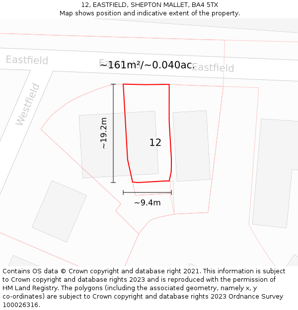 12, EASTFIELD, SHEPTON MALLET, BA4 5TX: Plot and title map