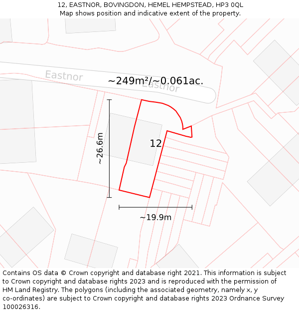 12, EASTNOR, BOVINGDON, HEMEL HEMPSTEAD, HP3 0QL: Plot and title map