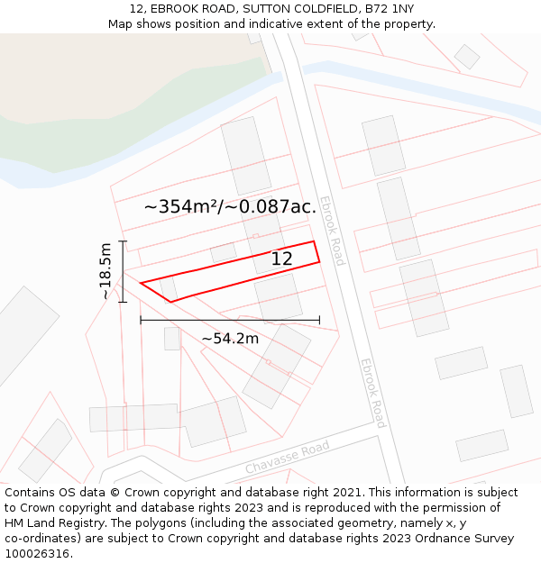 12, EBROOK ROAD, SUTTON COLDFIELD, B72 1NY: Plot and title map