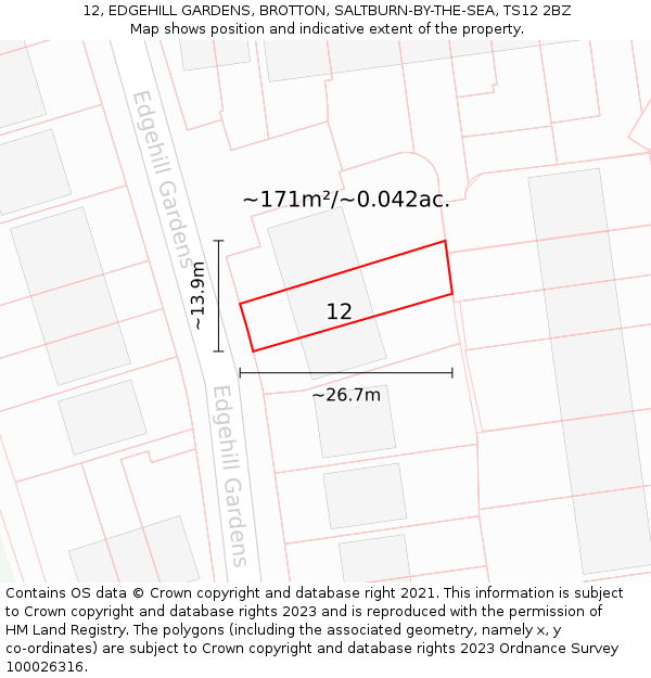 12, EDGEHILL GARDENS, BROTTON, SALTBURN-BY-THE-SEA, TS12 2BZ: Plot and title map
