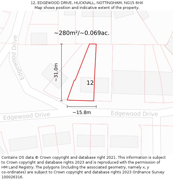 12, EDGEWOOD DRIVE, HUCKNALL, NOTTINGHAM, NG15 6HX: Plot and title map