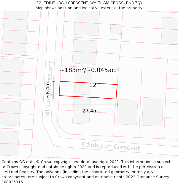12, EDINBURGH CRESCENT, WALTHAM CROSS, EN8 7QY: Plot and title map