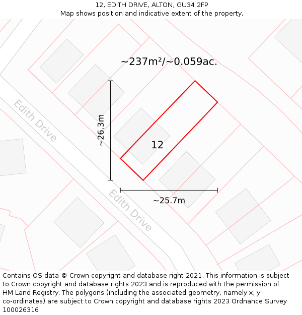 12, EDITH DRIVE, ALTON, GU34 2FP: Plot and title map