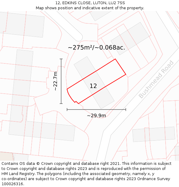12, EDKINS CLOSE, LUTON, LU2 7SS: Plot and title map
