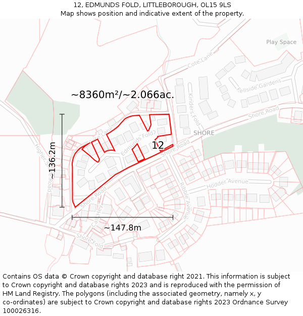 12, EDMUNDS FOLD, LITTLEBOROUGH, OL15 9LS: Plot and title map