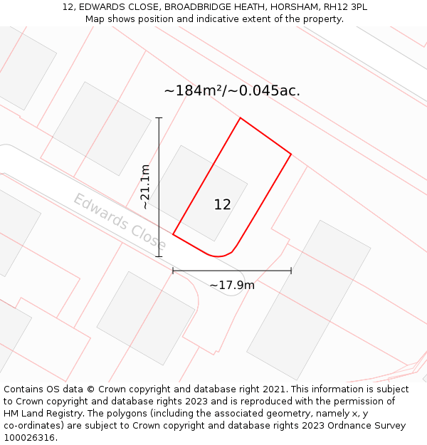 12, EDWARDS CLOSE, BROADBRIDGE HEATH, HORSHAM, RH12 3PL: Plot and title map