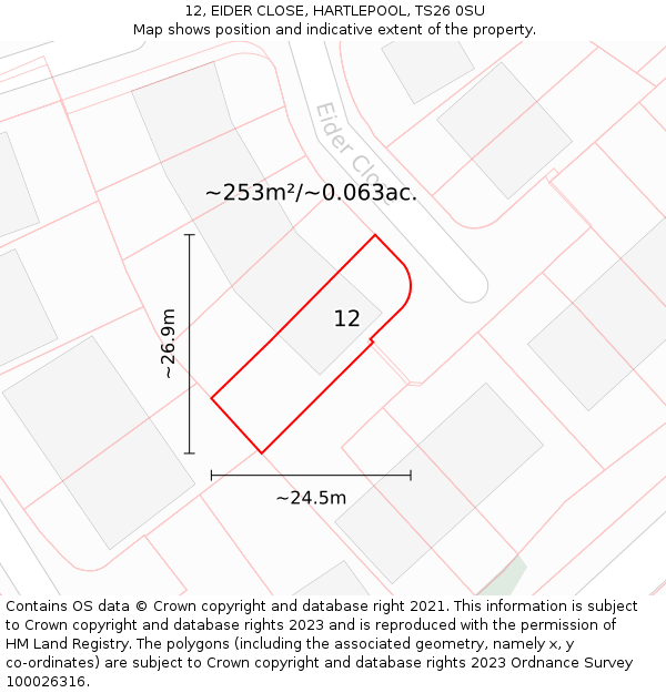12, EIDER CLOSE, HARTLEPOOL, TS26 0SU: Plot and title map