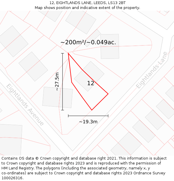 12, EIGHTLANDS LANE, LEEDS, LS13 2BT: Plot and title map