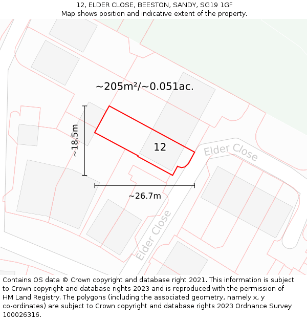 12, ELDER CLOSE, BEESTON, SANDY, SG19 1GF: Plot and title map