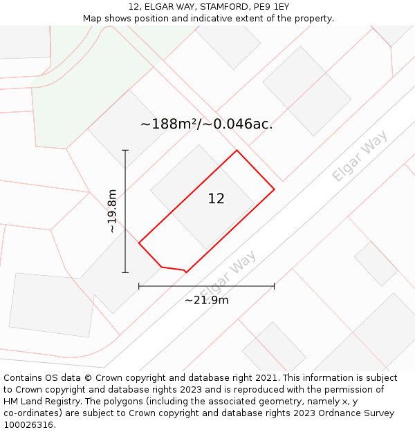 12, ELGAR WAY, STAMFORD, PE9 1EY: Plot and title map