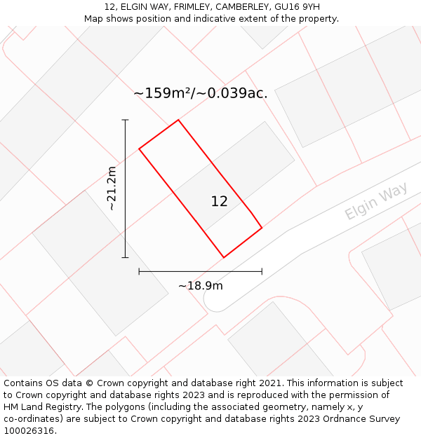 12, ELGIN WAY, FRIMLEY, CAMBERLEY, GU16 9YH: Plot and title map