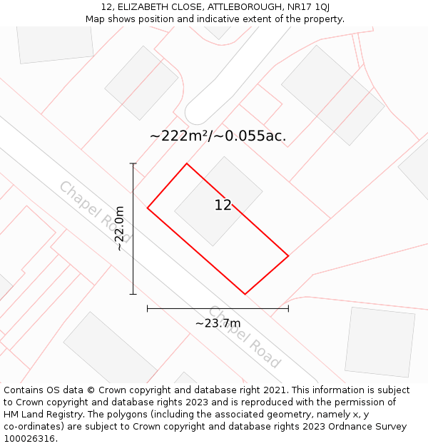 12, ELIZABETH CLOSE, ATTLEBOROUGH, NR17 1QJ: Plot and title map