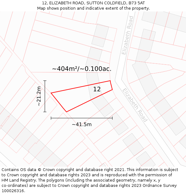 12, ELIZABETH ROAD, SUTTON COLDFIELD, B73 5AT: Plot and title map