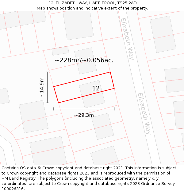 12, ELIZABETH WAY, HARTLEPOOL, TS25 2AD: Plot and title map