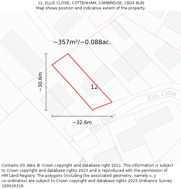 12, ELLIS CLOSE, COTTENHAM, CAMBRIDGE, CB24 8UN: Plot and title map