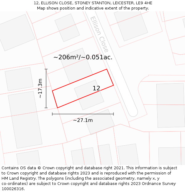 12, ELLISON CLOSE, STONEY STANTON, LEICESTER, LE9 4HE: Plot and title map