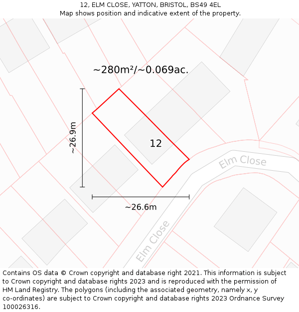 12, ELM CLOSE, YATTON, BRISTOL, BS49 4EL: Plot and title map