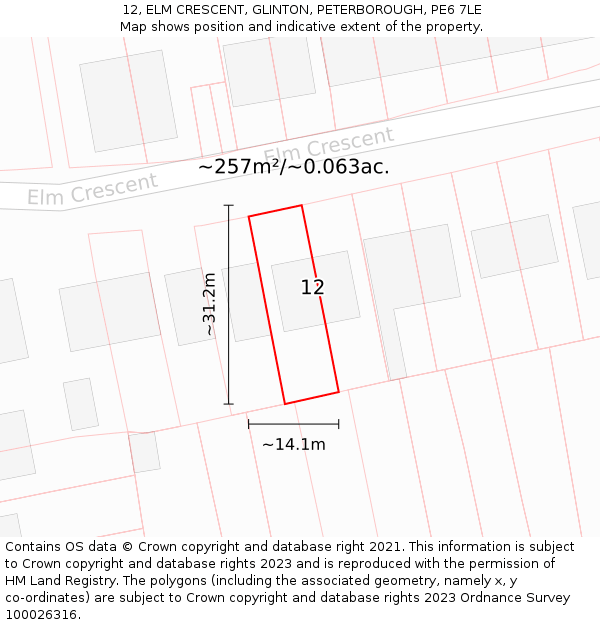 12, ELM CRESCENT, GLINTON, PETERBOROUGH, PE6 7LE: Plot and title map