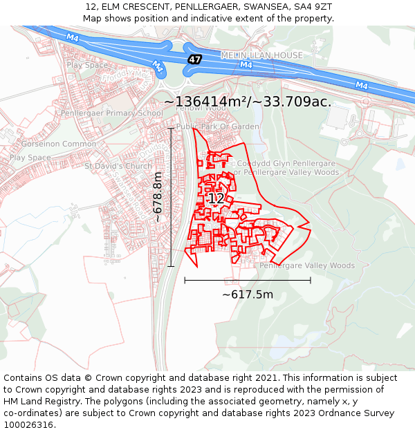 12, ELM CRESCENT, PENLLERGAER, SWANSEA, SA4 9ZT: Plot and title map
