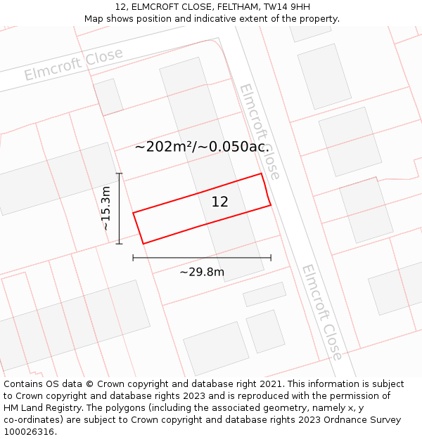 12, ELMCROFT CLOSE, FELTHAM, TW14 9HH: Plot and title map