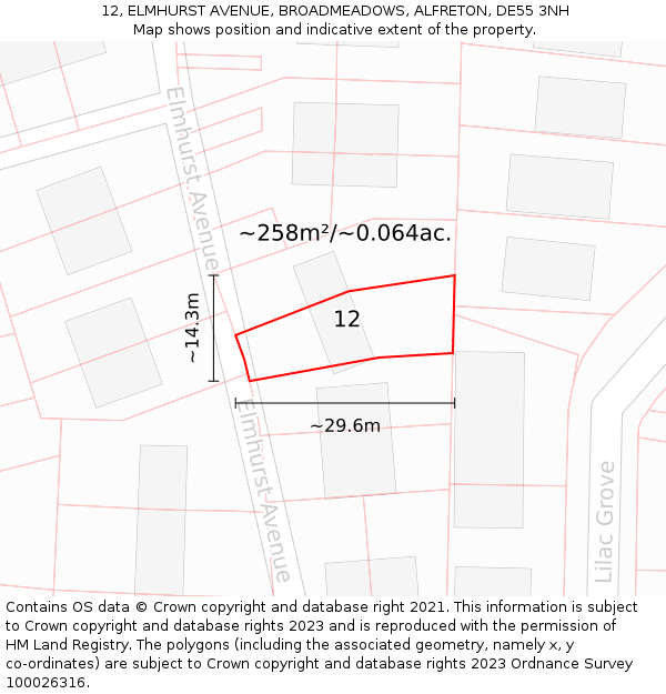 12, ELMHURST AVENUE, BROADMEADOWS, ALFRETON, DE55 3NH: Plot and title map