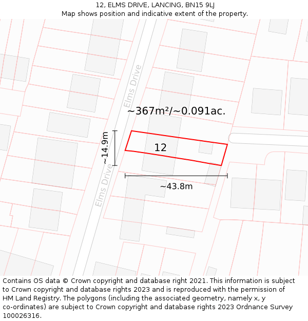 12, ELMS DRIVE, LANCING, BN15 9LJ: Plot and title map