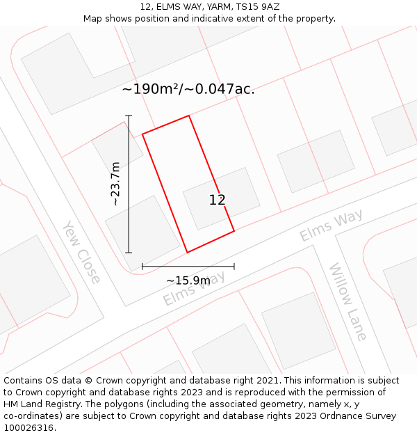 12, ELMS WAY, YARM, TS15 9AZ: Plot and title map