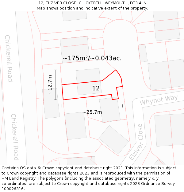 12, ELZIVER CLOSE, CHICKERELL, WEYMOUTH, DT3 4LN: Plot and title map