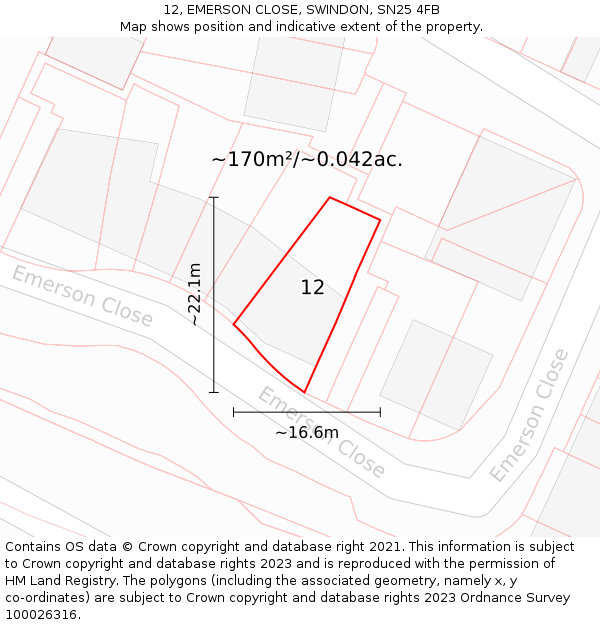 12, EMERSON CLOSE, SWINDON, SN25 4FB: Plot and title map