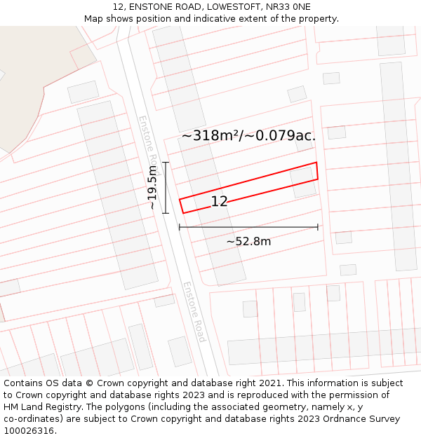 12, ENSTONE ROAD, LOWESTOFT, NR33 0NE: Plot and title map