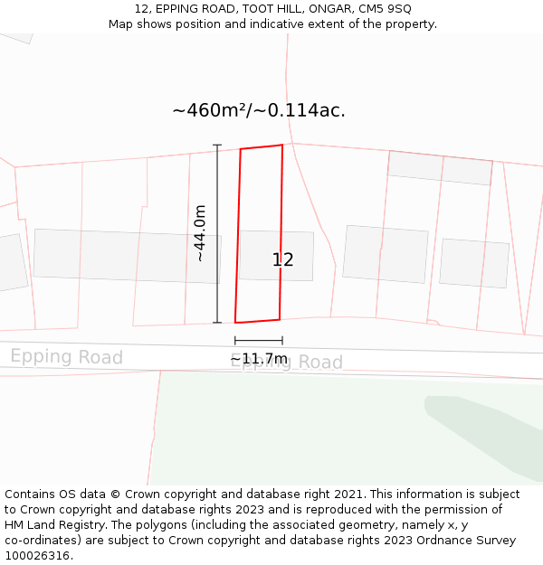 12, EPPING ROAD, TOOT HILL, ONGAR, CM5 9SQ: Plot and title map