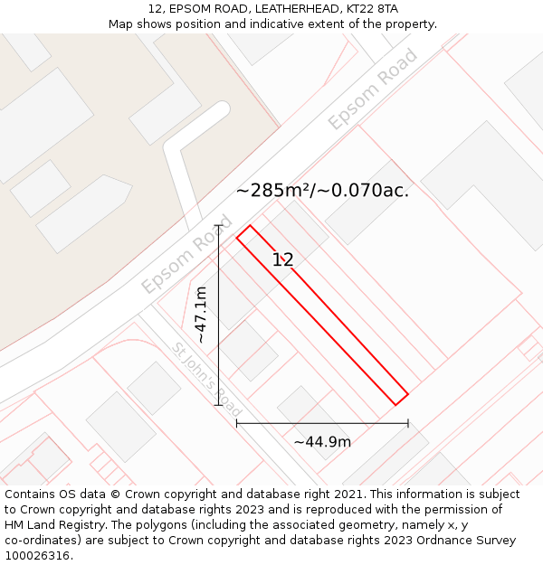 12, EPSOM ROAD, LEATHERHEAD, KT22 8TA: Plot and title map