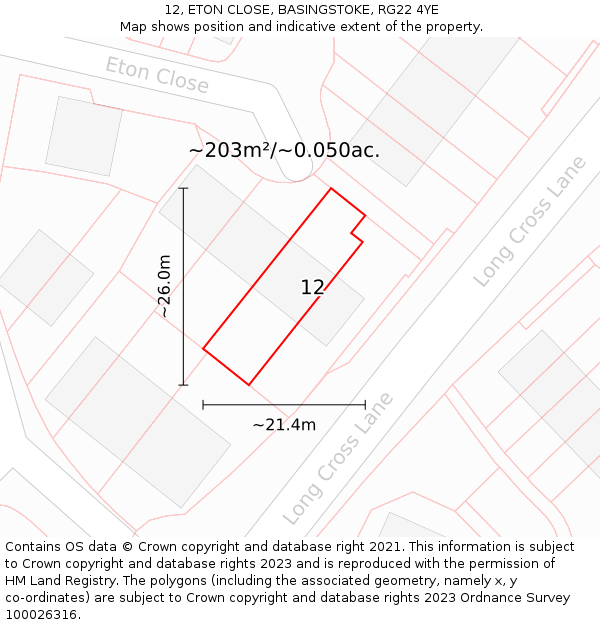 12, ETON CLOSE, BASINGSTOKE, RG22 4YE: Plot and title map