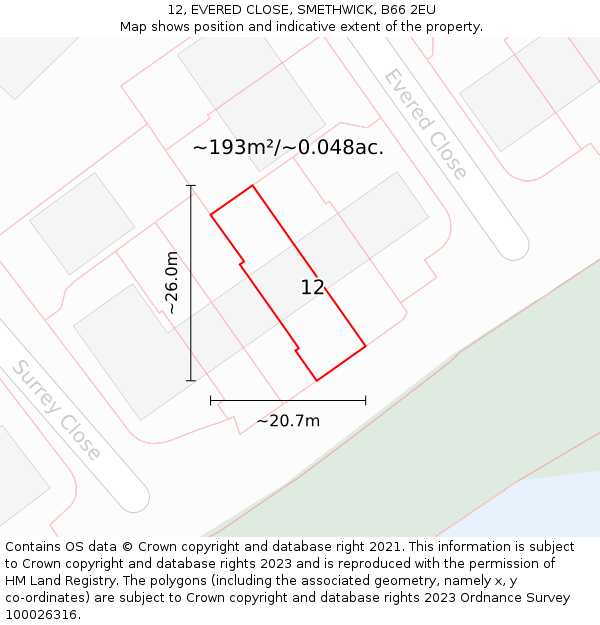 12, EVERED CLOSE, SMETHWICK, B66 2EU: Plot and title map