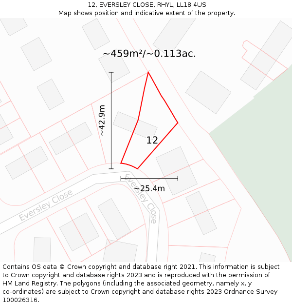12, EVERSLEY CLOSE, RHYL, LL18 4US: Plot and title map