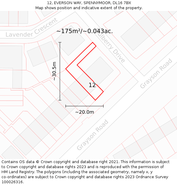 12, EVERSON WAY, SPENNYMOOR, DL16 7BX: Plot and title map