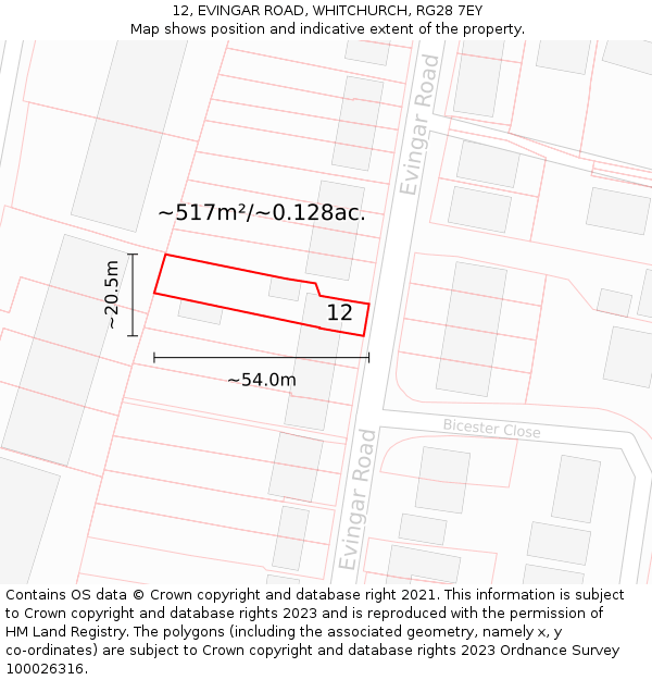 12, EVINGAR ROAD, WHITCHURCH, RG28 7EY: Plot and title map