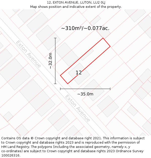 12, EXTON AVENUE, LUTON, LU2 0LJ: Plot and title map
