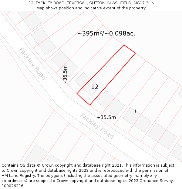 12, FACKLEY ROAD, TEVERSAL, SUTTON-IN-ASHFIELD, NG17 3HN: Plot and title map