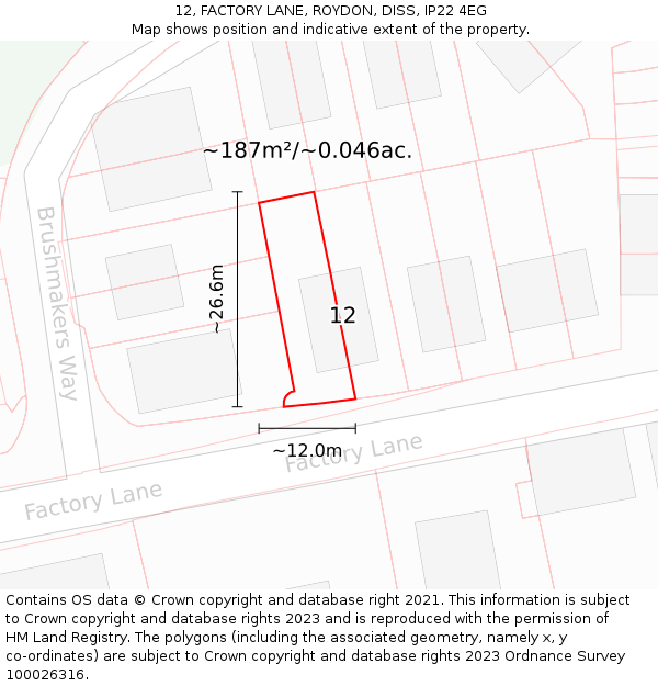 12, FACTORY LANE, ROYDON, DISS, IP22 4EG: Plot and title map