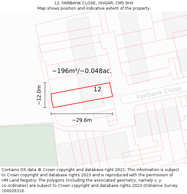 12, FAIRBANK CLOSE, ONGAR, CM5 9HX: Plot and title map
