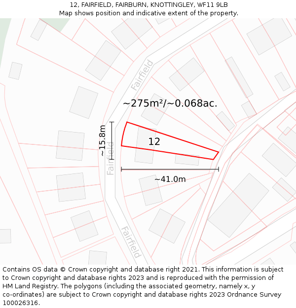 12, FAIRFIELD, FAIRBURN, KNOTTINGLEY, WF11 9LB: Plot and title map
