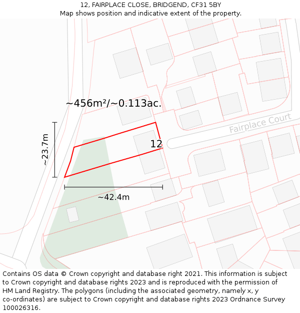 12, FAIRPLACE CLOSE, BRIDGEND, CF31 5BY: Plot and title map