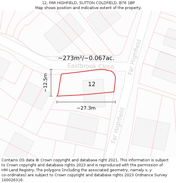 12, FAR HIGHFIELD, SUTTON COLDFIELD, B76 1BP: Plot and title map