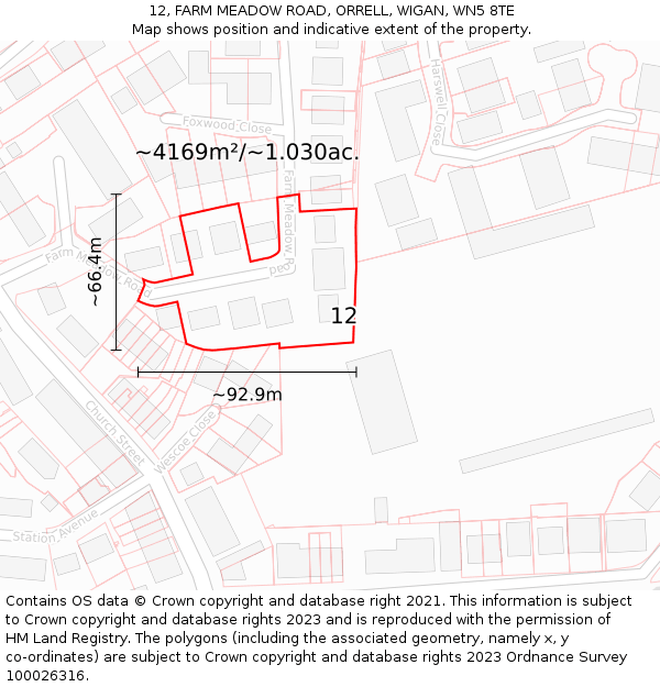 12, FARM MEADOW ROAD, ORRELL, WIGAN, WN5 8TE: Plot and title map