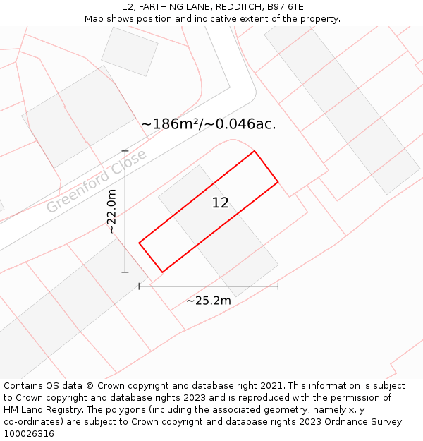 12, FARTHING LANE, REDDITCH, B97 6TE: Plot and title map