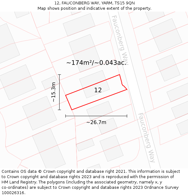 12, FAUCONBERG WAY, YARM, TS15 9QN: Plot and title map