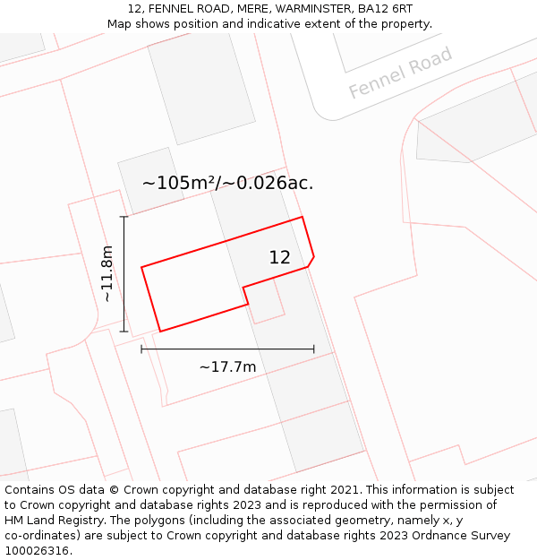 12, FENNEL ROAD, MERE, WARMINSTER, BA12 6RT: Plot and title map